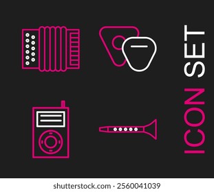 Set line Clarinet, Music MP3 player, Guitar pick and Musical instrument accordion icon. Vector