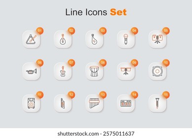 Set line Clarinet, Music synthesizer, Pan flute, Keytar, Stereo speaker, Bongo drum and African darbuka icon. Vector