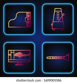 Set line Clarinet, Sound or audio recorder on monitor, Grand piano and Metronome with pendulum in motion. Gradient color icons. Vector