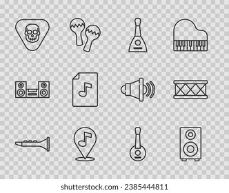 Set line Clarinet, Stereo speaker, Balalaika, Location musical note, Guitar pick, Music book with, Banjo and Drum icon. Vector