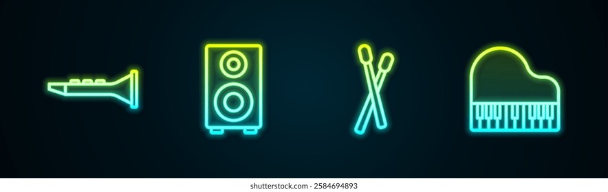 Set line Clarinet, Stereo speaker, Drum sticks and Grand piano. Glowing neon icon. Vector