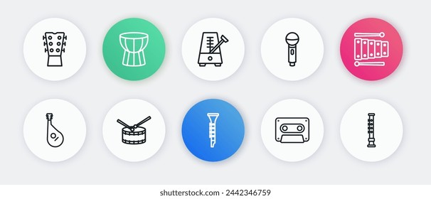 Set line Clarinet, Xylophone, Bandura, Retro audio cassette tape, Microphone, Metronome with pendulum, Flute and Drum drum sticks icon. Vector