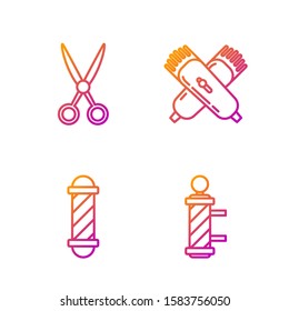 Set line Classic Barber shop pole, Classic Barber shop pole, Scissors hairdresser and Crossed electrical hair clipper or shaver. Gradient color icons. Vector