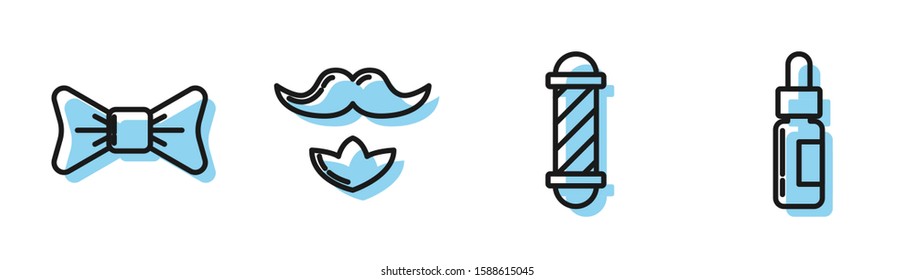 Set line Classic Barber shop pole, Bow tie, Mustache and beard and Glass bottle with a pipette icon. Vector