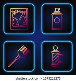 Set line Classic Barber shop pole, Hairbrush, Glass of whiskey and ice cubes and Shaving gel foam. Gradient color icons. Vector