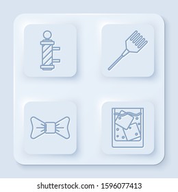 Set line Classic Barber shop pole, Hairbrush, Bow tie and Glass of whiskey and ice cubes. White square button. Vector