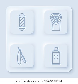 Set line Classic Barber shop pole, Electrical hair clipper or shaver, Straight razor and Shaving gel foam. White square button. Vector