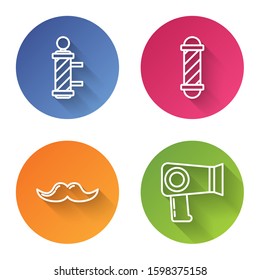 Set line Classic Barber shop pole, Classic Barber shop pole, Mustache and Hair dryer. Color circle button. Vector