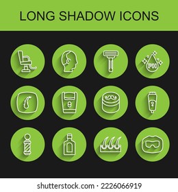 Set line Classic Barber shop pole, Bottle of shampoo, Barbershop chair, Human follicle, Mustache and beard, Electric razor blade,  and Gel wax for styling icon. Vector