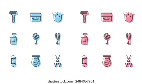 Set line Classic Barber shop pole, Barbershop, Shaving razor, Scissors hairdresser, Hand mirror, Curling iron for, Bottle of shampoo and Cream lotion cosmetic jar icon. Vector