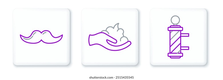 Set line Classic Barber shop pole, Mustache and Shaving gel foam on hand icon. Vector