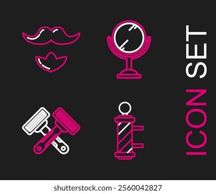 Set line Classic Barber shop pole, Crossed shaving razor, Hand mirror and Mustache beard icon. Vector