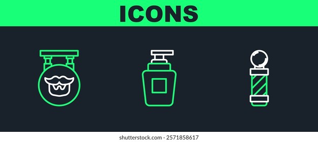 Set line Classic Barber shop pole, Barbershop and Bottle of shampoo icon. Vector