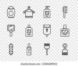 Set line Classic Barber shop pole, Hairbrush, Bottle of shampoo, Beard and mustaches care oil bottle,  and Aftershave icon. Vector