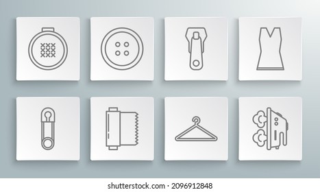 Set line Classic closed steel safety pin, Sewing button for clothes, Textile fabric roll, Hanger wardrobe, Electric iron, Zipper, Woman dress and Round adjustable embroidery hoop icon. Vector