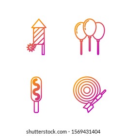 Set line Classic dart board and arrow, Corn dog, Firework rocket and Balloons with ribbon. Gradient color icons. Vector