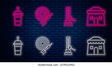 Set line Classic dart board and arrow, High striker attraction with big hammer, Paper glass with drinking straw and water and Circus tent. Glowing neon icon on brick wall. Vector
