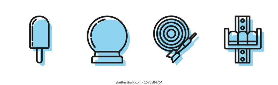 Set line Classic dart board and arrow, Ice cream, Magic ball and Attraction carousel icon. Vector