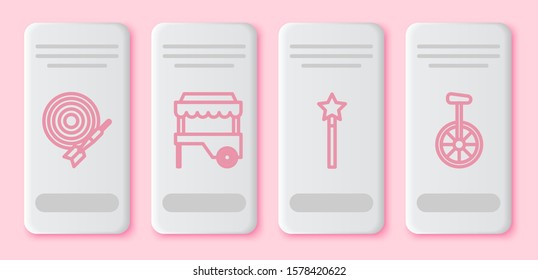 Set line Classic dart board and arrow, Fast street food cart with awning, Magic wand and Unicycle or one wheel bicycle. White rectangle button. Vector