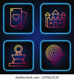 Set line Classic dart board and arrow, Attraction carousel, Playing card and Castle. Gradient color icons. Vector