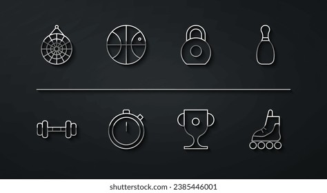 Set line Classic dart board, Dumbbell, Bowling pin, Award cup, Stopwatch, Basketball ball, Roller skate and Kettlebell icon. Vector