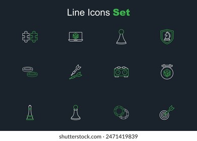 Set line Classic dart board and arrow, Casino chips, Chess pawn, Game dice, Time chess clock, Dart and Checker game icon. Vector