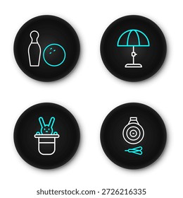 Set line Classic dart board and arrow, Magician hat rabbit, Sun protective umbrella and Bowling pin ball icon. Vector