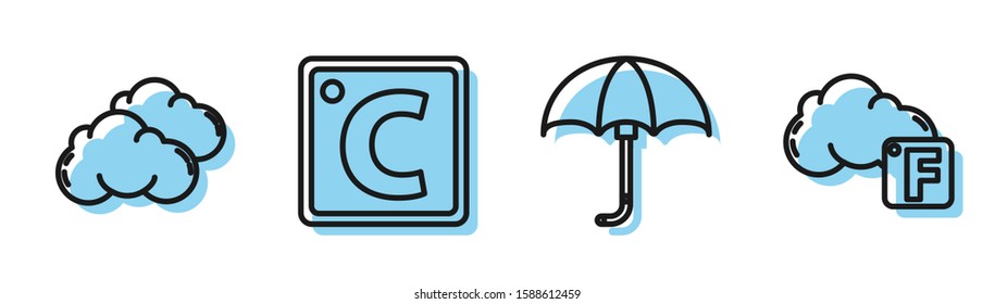 Set line Classic elegant opened umbrella, Cloud, Celsius and Fahrenheit and cloud icon. Vector