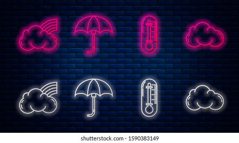 Set line Classic elegant opened umbrella, Thermometer, Rainbow with clouds and Cloud. Glowing neon icon on brick wall. Vector