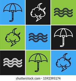 Set line Classic elegant opened umbrella, Waves and Storm icon. Vector
