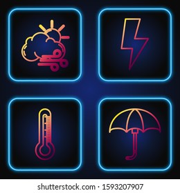 Set line Classic elegant opened umbrella, Thermometer, Windy weather and Lightning bolt. Gradient color icons. Vector