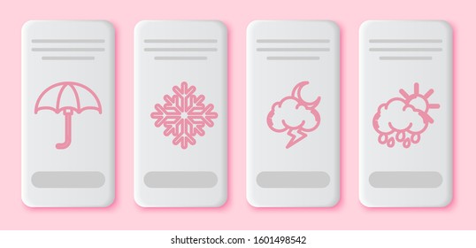 Set line Classic elegant opened umbrella, Snowflake, Storm and Cloud with rain and sun. White rectangle button. Vector