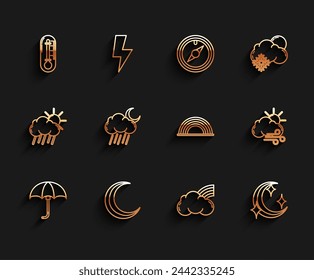 Set line Paraguas clásico abierto elegante, Luna y estrellas, Termómetro, Arco iris con nubes, Luna de lluvia nubosa, Tiempo ventoso e icono. Vector