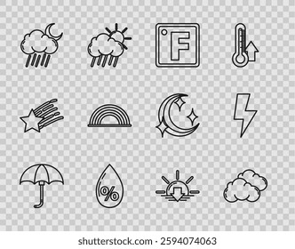 Set line Classic elegant opened umbrella, Cloud, Fahrenheit, Water drop percentage, with rain and moon, Rainbow clouds, Sunset and Lightning bolt icon. Vector