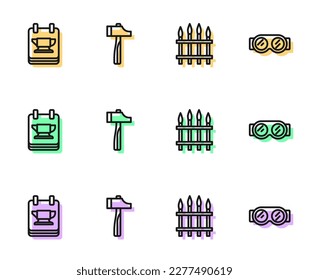 Set line Classic iron fence, Blacksmith anvil tool, Hammer and Welding glasses icon. Vector