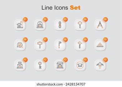 Set line Classic iron fence, Blacksmith anvil tool, oven, Old key, Gold bars, Hammer and Fire poker icon. Vector