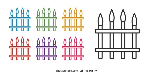 Set line Classic iron fence with metal pillars icon isolated on white background. Ancient wrought iron fence. Set icons colorful. Vector