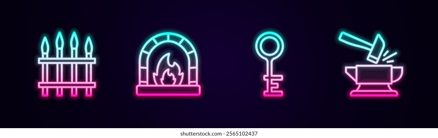 Set line Classic iron fence, Blacksmith oven, Old key and Anvil and hammer. Glowing neon icon. Vector