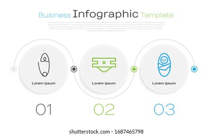 Set line Classic steel safety pin, Baby absorbent diaper and Newborn baby infant swaddled. Business infographic template. Vector