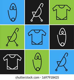 Set line Classic steel safety pin, Baby onesie and Baby stroller icon. Vector