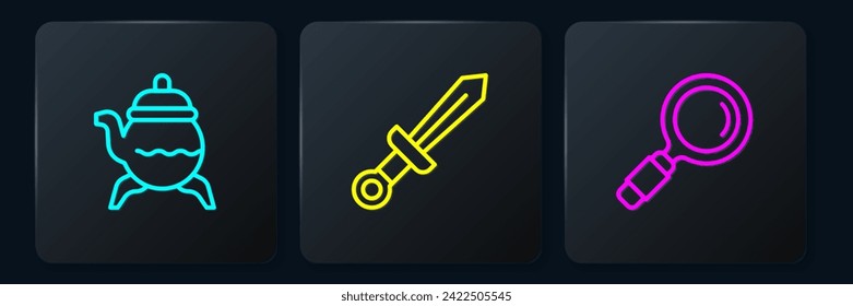Fijar la línea de tetera clásica, vidrio de aumento y espada medieval. Botón cuadrado negro. Vector