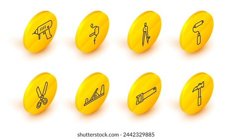 Set line Claw hammer, Hand saw, Wood plane tool, Scissors, Paint roller brush, Drawing compass, drill and Electric machine icon. Vector