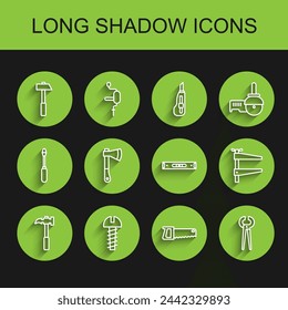 Set line Claw hammer, Metallic screw, Hammer, Hand saw, Pincers pliers, Wooden axe, Clamp tool and Construction bubble level icon. Vector