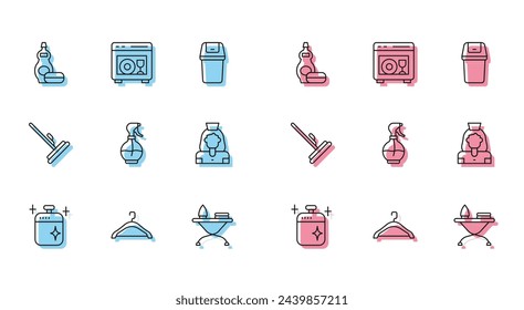 Set line Clean cooking pot, Hanger wardrobe, Dishwashing liquid bottle, Iron and ironing board, Water spray, Cleaning lady service, Mop and Dishwasher machine icon. Vector