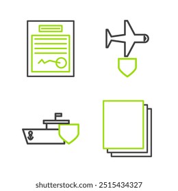 Set line Clean paper, Ship with shield, Plane and Filled form icon. Vector