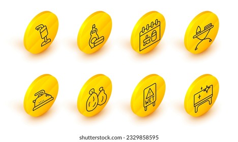 Set line Clean table, Wet floor, Garbage bag, Electric iron, Iron and ironing board, Cleaning calendar, Dishwashing liquid bottle and Vacuum cleaner icon. Vector
