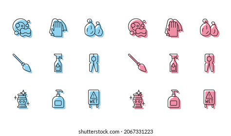 Set line Clean vase, Bottle of liquid soap, Washing dishes, Wet floor, Cleaning spray bottle, Clothes pin, Handle broom and service icon. Vector