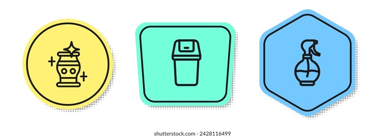 Set line Clean vase, Trash can and Water spray bottle. Colored shapes. Vector