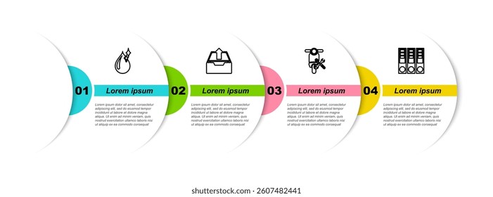 Set line Clean water drop, Upload inbox, Scooter service and Office folders. Business infographic template. Vector