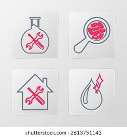 Set line Clean water drop, House service, Microorganisms under magnifier and Bioengineering icon. Vector